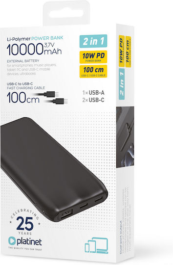 Platinet Power Bank 10000mAh 12W with USB-A Port and 2 USB-C Ports Black view 3