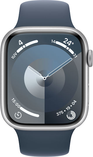 Apple Watch Series 9 Aluminium 45mm Waterproof with Heart Rate Monitor (Silver with Storm Blue Sport Band (S/M)) view 2