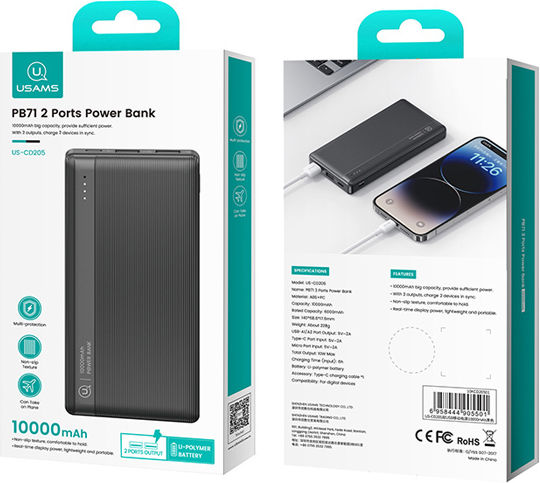 Usams CD205 Power Bank 10000mAh 10W with 2 USB-A Ports Black view 4