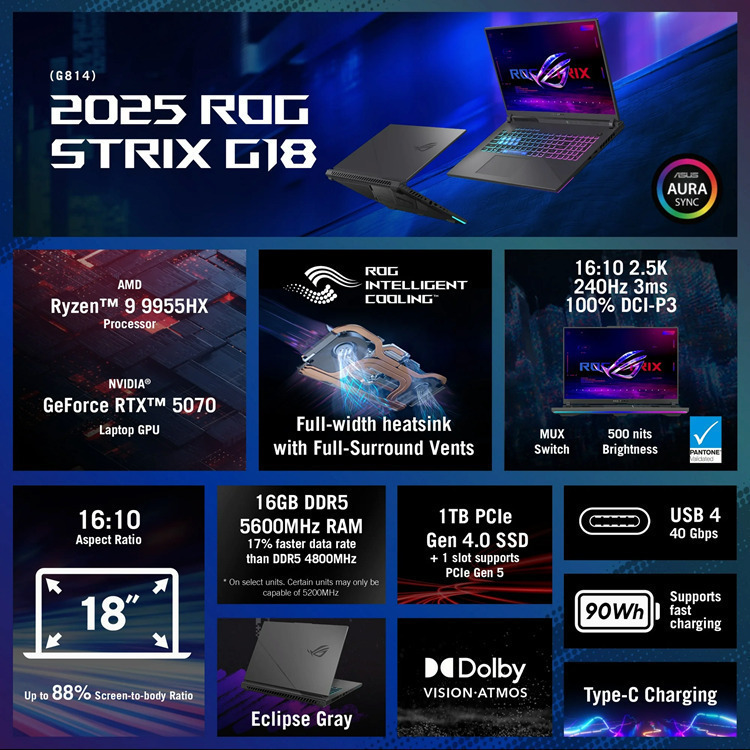 Asus ROG Strix G18 G814FP-S8053 G814FP-S8053 18" IPS FHD+ 165Hz (Ryzen 9-9955HX/32GB/1TB SSD/GeForce RTX 5070/No OS) Eclipse Gray (US Keyboard) view 5