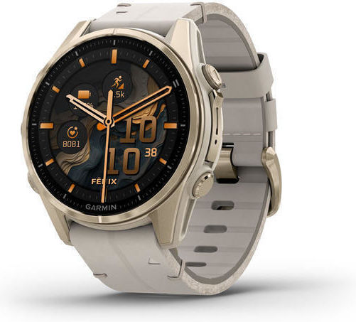 Garmin Fenix 8 Stainless Steel 43mm Waterproof Smartwatch with Heart Rate Monitor (Sapphire, Soft Gold with Limestone Leather Band) view 3
