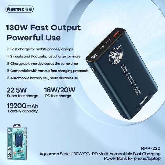 Remax Aquaman Power Bank 19200mAh 130W with USB-A Port and 2 USB-C Ports Power Delivery Blue vue 2