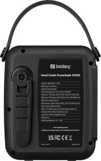 Sandberg Hand Crank Power Bank 20000mAh 20W with 2 USB-A Ports and 2 USB-C Ports Power Delivery Black view 3
