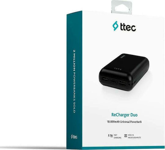 TTEC ReCharger Duo Power Bank 10000mAh 10.5W with 2 USB-A Ports and USB-C Port Black view 2