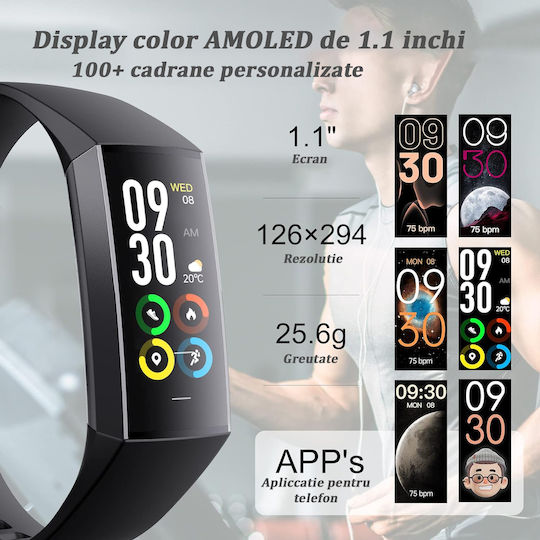 Fitness Bracelet 1.1 Inch Amoled Screen Vichematech Android Ios Full Touch Magnetic Charging Bluetooth Waterproof Ip67 Sms Call App Notifications Multiple Sports Modes Monitor view 3