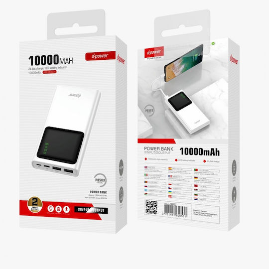 d-power P8583 Power Bank 10000mAh with 2 USB-A Ports White