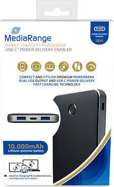 MediaRange MR753 Power Bank 10000mAh 18W with 2 USB-A Ports and USB-C Port Power Delivery Black view 2