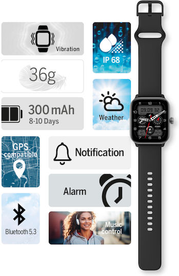 Bea-fon 201 50mm Smartwatch with Heart Rate Monitor (Black) vue 5