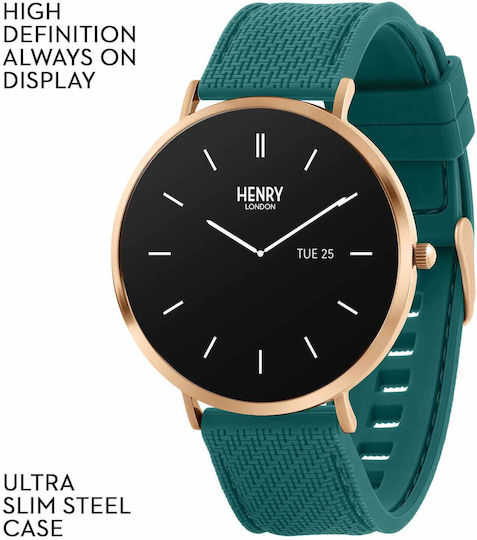 Henry London Smart Stainless Steel 43mm Smartwatch with Heart Rate Monitor (Rose & Teal Silicone) view 7
