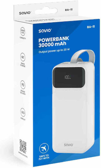 Savio BA-11 Power Bank 30000mAh with 2 USB-A Ports and 2 USB-C Ports Power Delivery / Quick Charge 3.0 White view 4