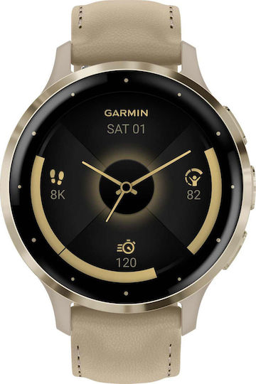 Garmin Venu 3S 41mm Waterproof Smartwatch with Heart Rate Monitor (Soft Gold Stainless Steel Bezel with French Gray Case and Leather Band) view 1