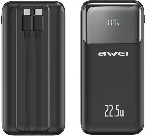 Awei P106K Power Bank 10000mAh 22.5W with 2 USB-A Ports and USB-C Port Black