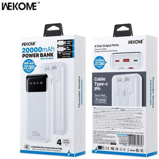 WK WP-64 Power Bank 20000mAh 22.5W with USB-A Port and USB-C Port Power Delivery White view 2