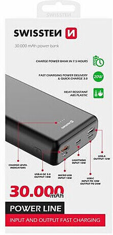 Swissten Power Bank 30000mAh 20W with 2 USB-A Ports and 3 USB-C Ports Power Delivery Black view 2
