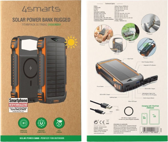 4Smarts Rugged Titanpack Ultimag Solar MagSafe Power Bank 20000mAh 15W with USB-A Port and USB-C Port Power Delivery / Quick Charge 3.0 Black/Orange view 2