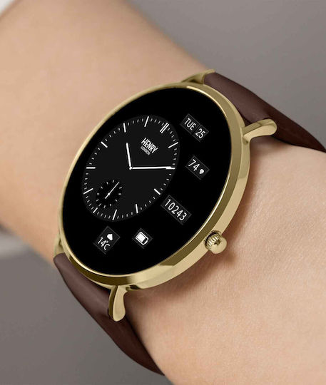 Henry London Smart Stainless Steel 43mm Smartwatch with Heart Rate Monitor (Gold & Chocolate Leather) view 8