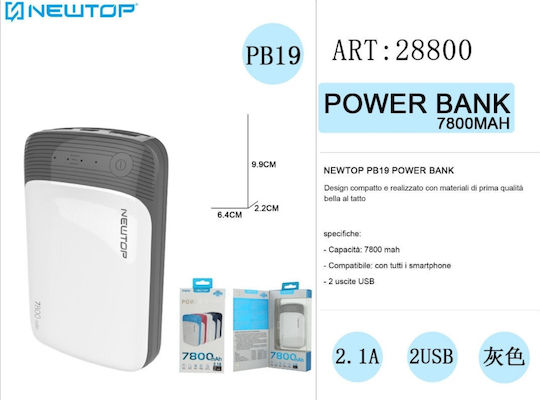 Newtop PB19 Power Bank 7800mAh with 2 USB-A Ports White / Grey