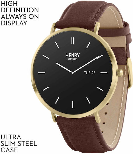 Henry London Smart Stainless Steel 43mm Smartwatch with Heart Rate Monitor (Gold & Chocolate Leather) view 7