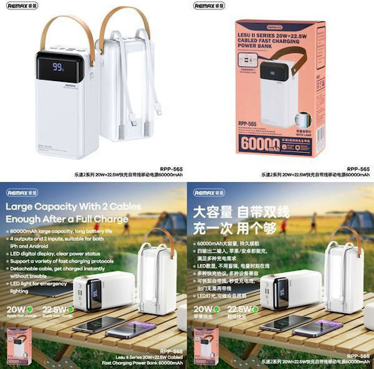 Remax RPP-565 Power Bank 60000mAh 22.5W with 2 USB-A Ports and USB-C Port Quick Charge 3.0 White view 4