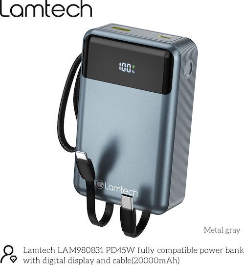 Lamtech Power Bank 20000mAh 45W With USB-A Output Port And USB-C Output Port Power Delivery Quick Charge 3.0 Black view 7