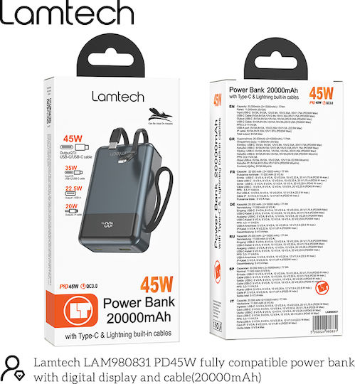 Lamtech Power Bank 20000mAh 45W With USB-A Output Port And USB-C Output Port Power Delivery Quick Charge 3.0 Black view 6