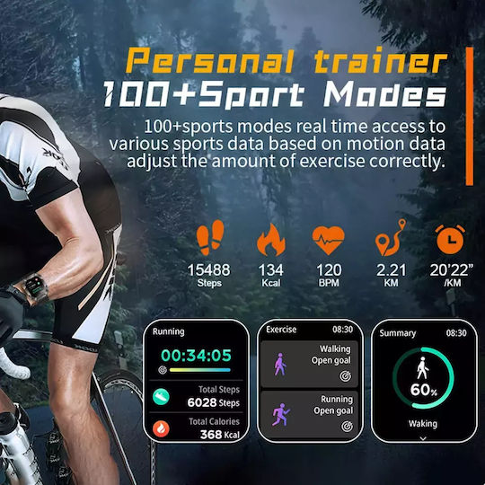 Men's Smart Watch Nubi Kr80 Ips Display Bluetooth Call 650 Mah Battery Pulse Calories Blood Pressure Remote Camera 100+ Sports Modes Orange Camouflage view 2