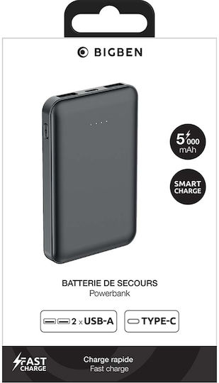 Bigben Interactive Power Bank 5000mAh 10W with 2 USB-A Ports and USB-C Port Black view 5