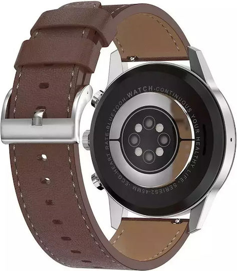Nubi DT70 45mm Smartwatch with Heart Rate Monitor (Silver Case / Brown Leather Strap) view 2