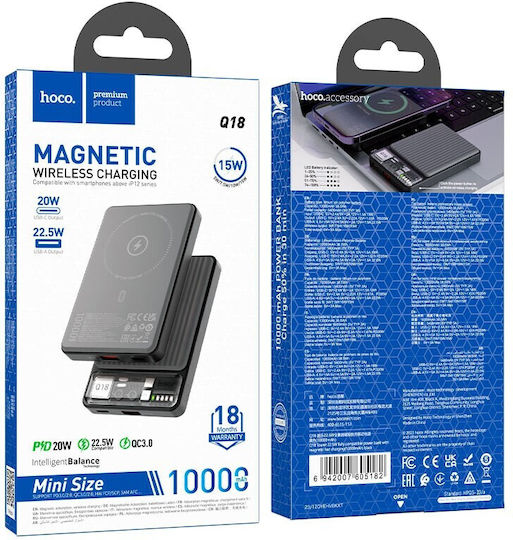 Hoco MagSafe Power Bank 10000mAh 22.5W with USB-A Port and USB-C Port Power Delivery Black view 3