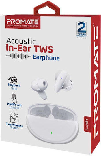 Promate Lush In-ear Bluetooth Handsfree Earphones with Sweat Resistance and Charging Case White vue 3