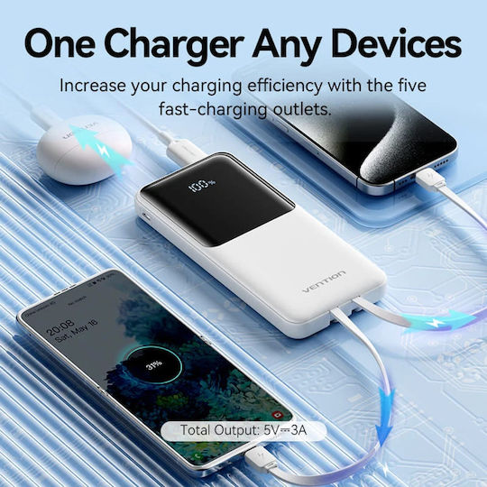 Vention FHO Power Bank 10000mAh 22.5W with 2 USB-A Output Ports and USB-C Output Port White view 5