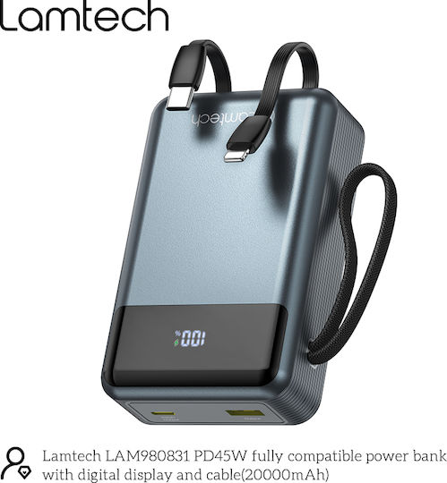 Lamtech Power Bank 20000mAh 45W With USB-A Output Port And USB-C Output Port Power Delivery Quick Charge 3.0 Black view 8