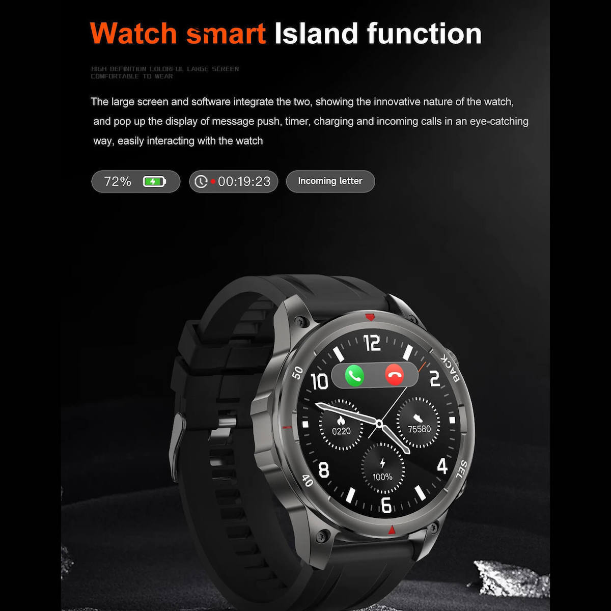 Microwear DK68 Smartwatch With Heart Rate Monitor Black Leather vue 2
