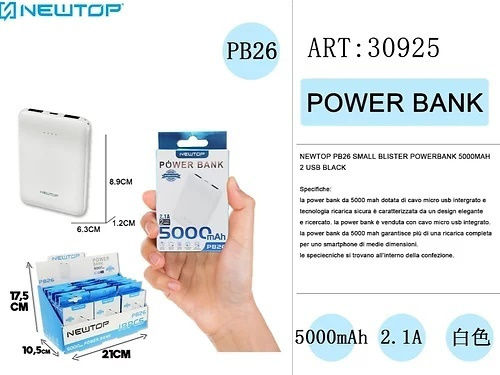 Newtop PB26 Power Bank 5000mAh with 2 USB-A Ports White view 2