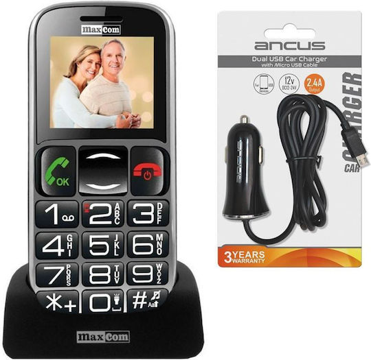 MaxCom MM462BB + Φορτιστής Αυτοκινήτου Ancus Micro USB Single SIM Mobile with Large Buttons Black view 1