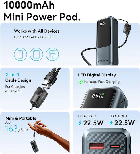Vention Power Bank 10000mAh 22.5W with USB-A Port and USB-C Power Delivery Port view 4