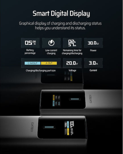 Cuktech 1C1A Power Bank 10000mAh 150W with USB-A Port and USB-C Port Gray view 5