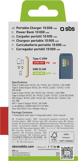 SBS Power Bank 10000mAh 22.5W with USB-A Port and USB-C Port Power Delivery Blue view 3