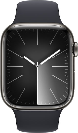 Apple Watch Series 9 Cellular Stainless Steel 45mm Waterproof with eSIM and Heart Rate Monitor (Graphite with Midnight Sport Band (M/L)) view 1
