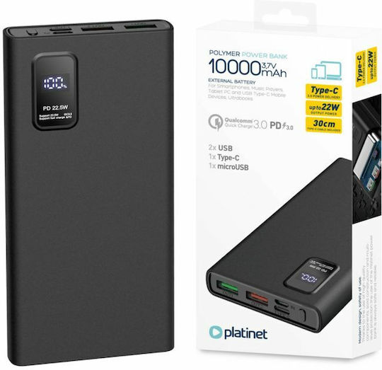 Platinet PL0408 Power Bank 10000mAh 22.5W with 2 USB-A Ports and USB-C Port Power Delivery / Quick Charge 3.0 Black view 5