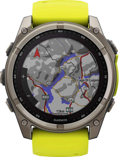 Garmin Fenix 8 Solar Titanium 51mm Waterproof Smartwatch with Heart Rate Monitor (Sapphire, Titanium With Amp Yellow/Graphite Silicone Band)