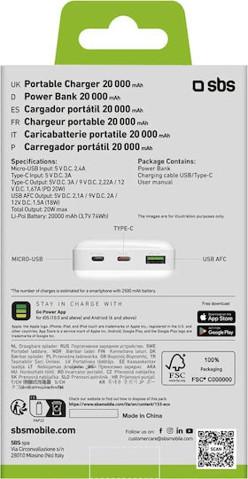 SBS Power Bank 20000mAh 20W with USB-A Port and USB-C Port Power Delivery White vue 3