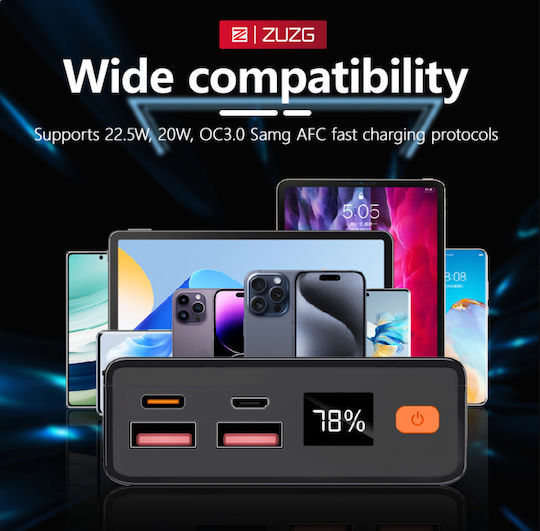 Zuzg J49p Power Bank 20000mAh Fast Charging PD 20W QC 22.5W LED Display & USB-C Black view 6