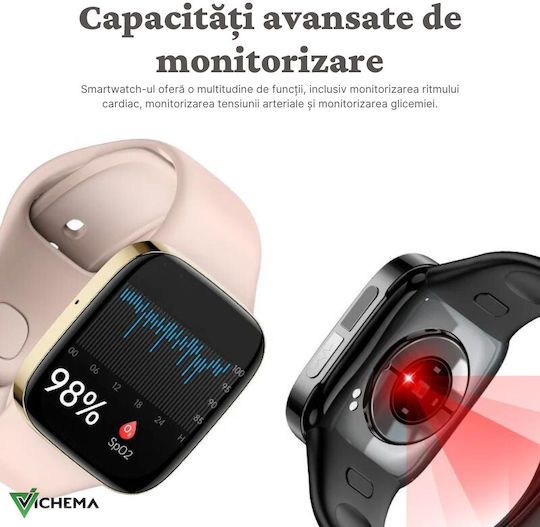 Vichema Tech Smartwatch 1.72 Inch Ips Hd+ Full Touch Screen Intelligent Bluetooth Nfc Payments Ip67 Remote Photography Voice Assistant Ecg Test 24/7 Health Monitoring 100+ Sports Modes App Notifications Calls Sms Pink view 5
