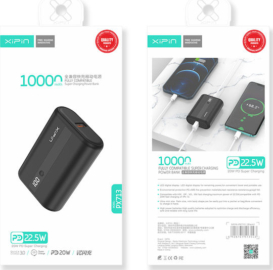 Xipin PX713 Power Bank 10000mAh 22.5W with USB-A Port and USB-C Port Power Delivery Black view 1