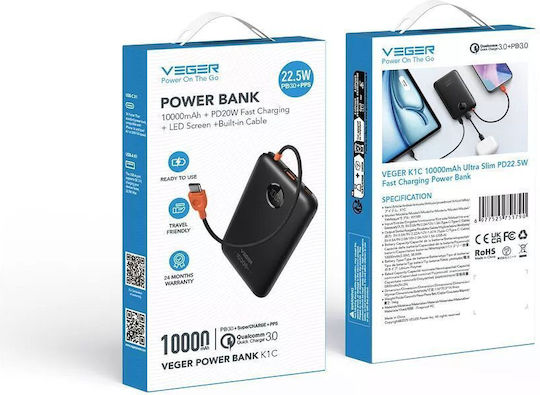 K1C Power Bank 10000mAh 22.5W with USB-A Port and USB-C Port Power Delivery / Quick Charge 3.0 Black view 3