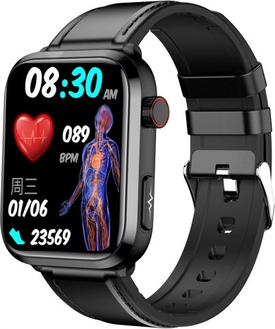 Et210 1.91 Inch Ips Screen Ip67 Waterproof Leather Band Smart Watch Support Body Temperature Monitoring Ecg Black