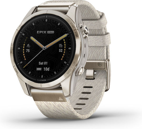 Garmin epix Pro Sapphire Edition Titanium Waterproof Smartwatch with Heart Rate Monitor (Soft Gold with Cream Heathered Nylon) vue 2