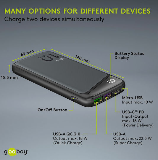 Goobay 53936 Power Bank 10000mAh 22.5W with 2 USB-A Ports and USB-C Port Quick Charge 3.0 Black view 3