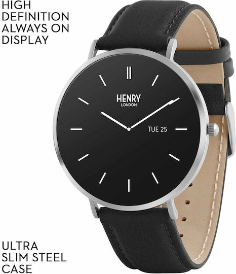Henry London Smart Stainless Steel 43mm Smartwatch with Heart Rate Monitor (Silver & Black Leather) view 7